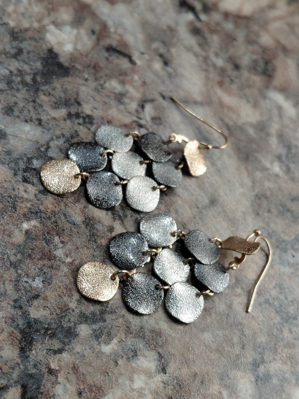 Tri Color Metal Textured Disc Layered Chandelier Vintage Dangle Earrings